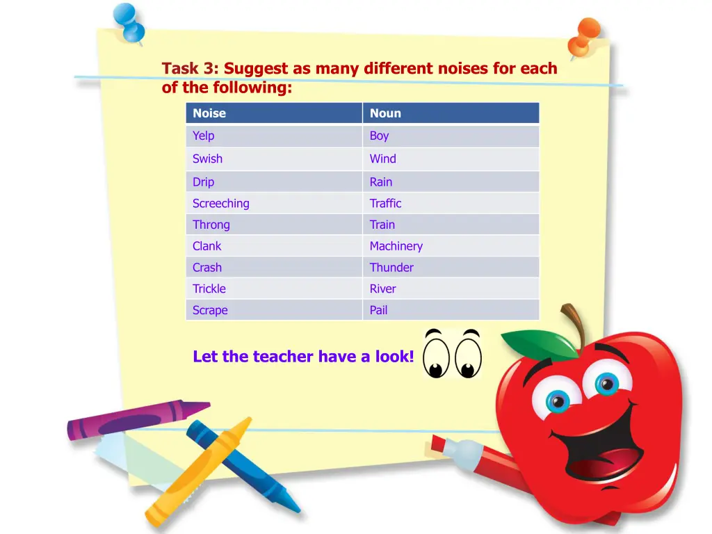 task 3 suggest as many different noises for each