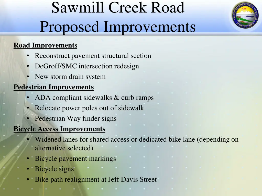 sawmill creek road proposed improvements