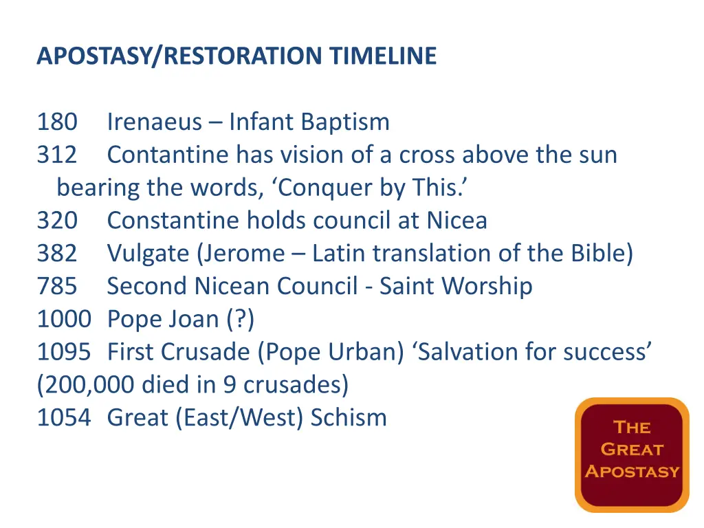 apostasy restoration timeline 1