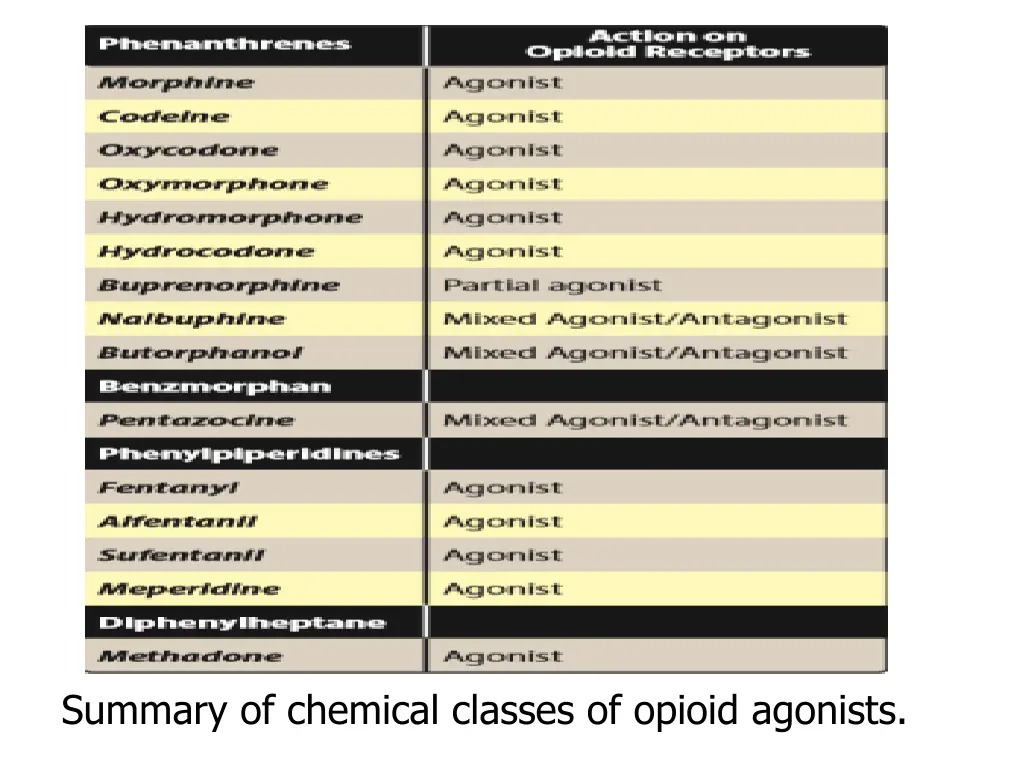 summary of chemical classes of opioid agonists