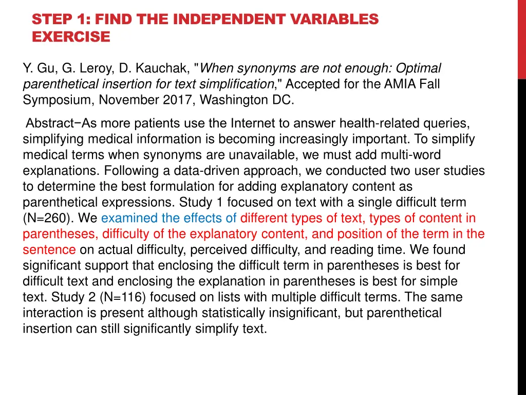 step 1 find the independent variables exercise 1