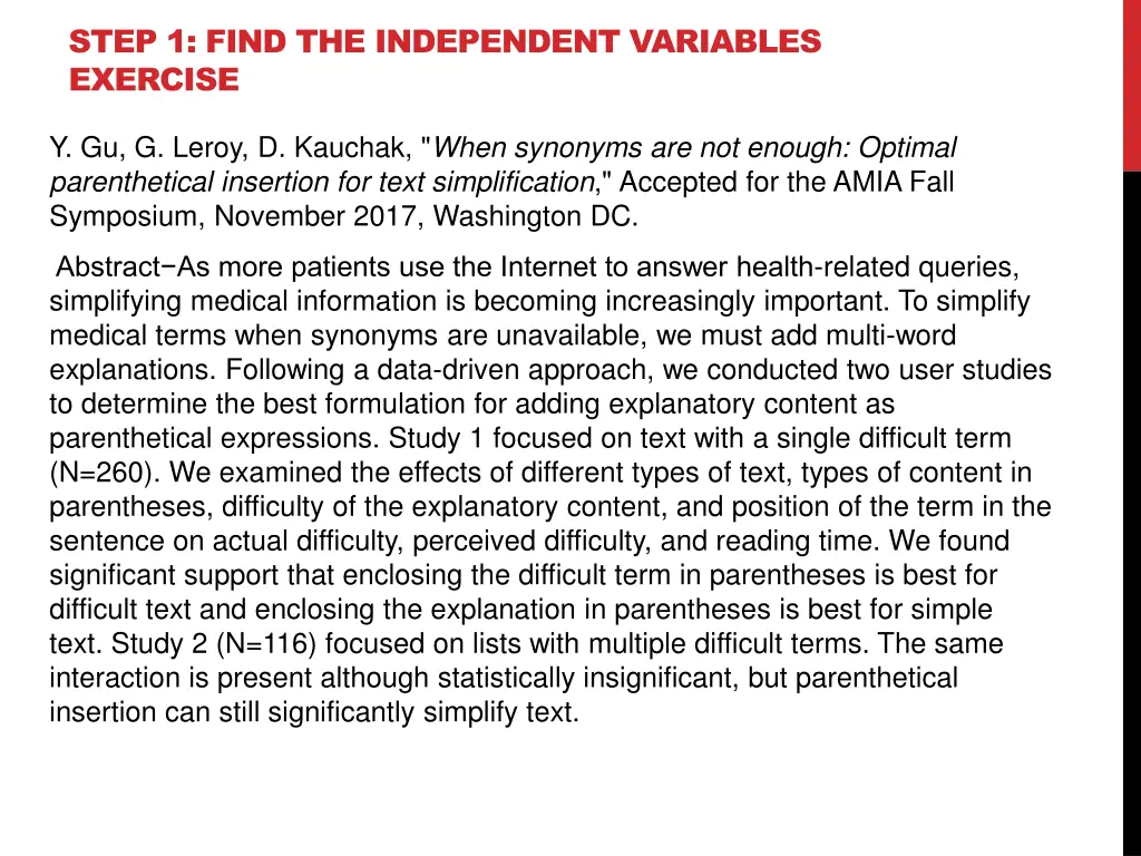 step 1 find the independent variables exercise