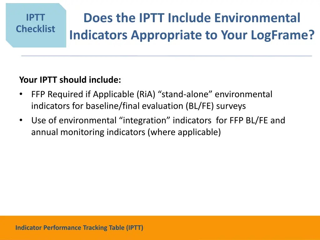 does the iptt include environmental indicators