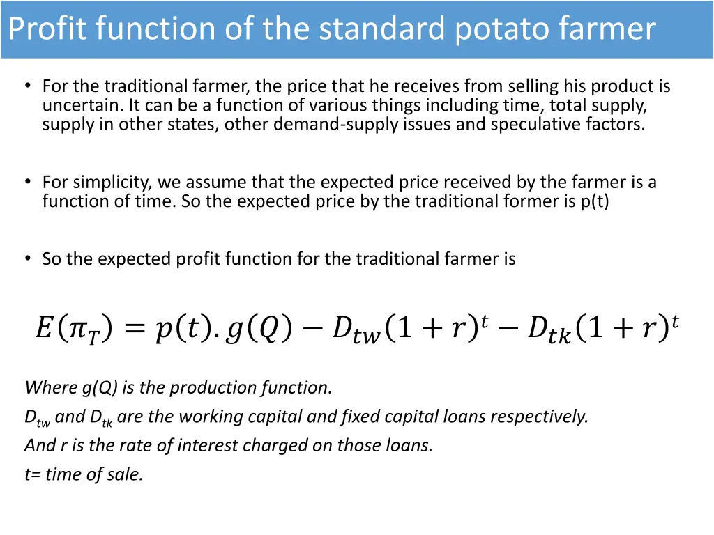 profit function of the standard potato farmer