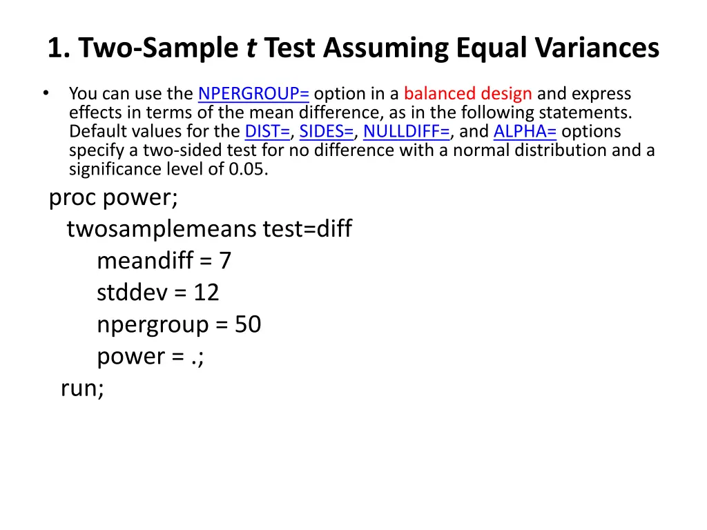 1 two sample t test assuming equal variances