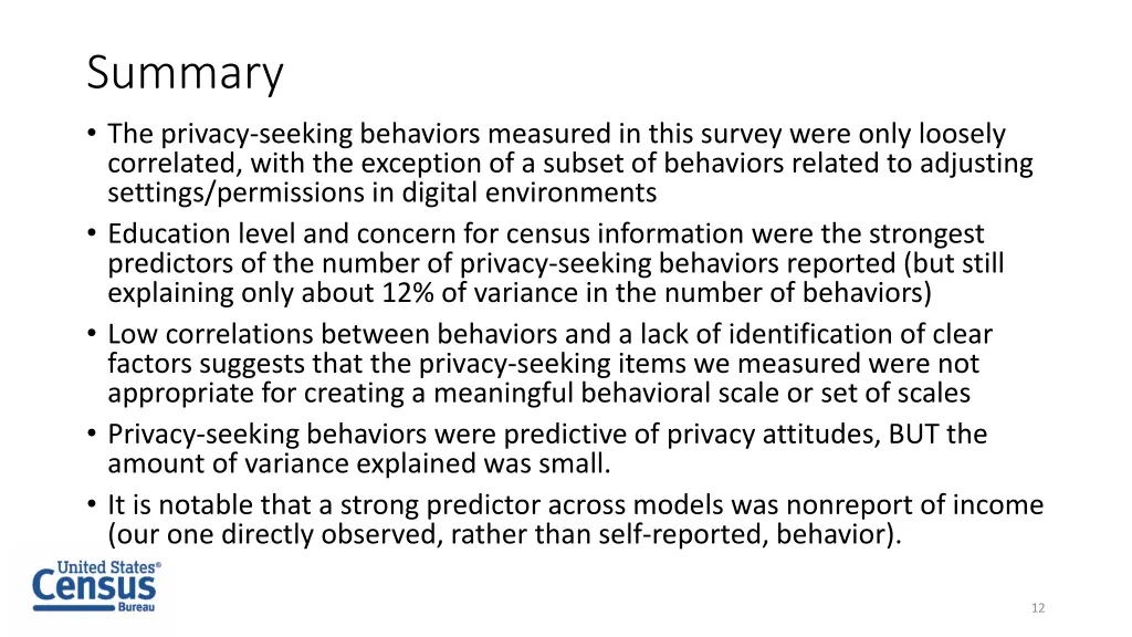 summary the privacy seeking behaviors measured