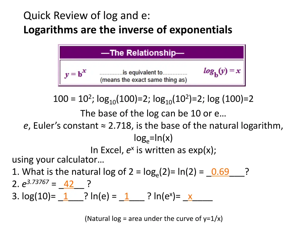 quick review of log and e logarithms 1