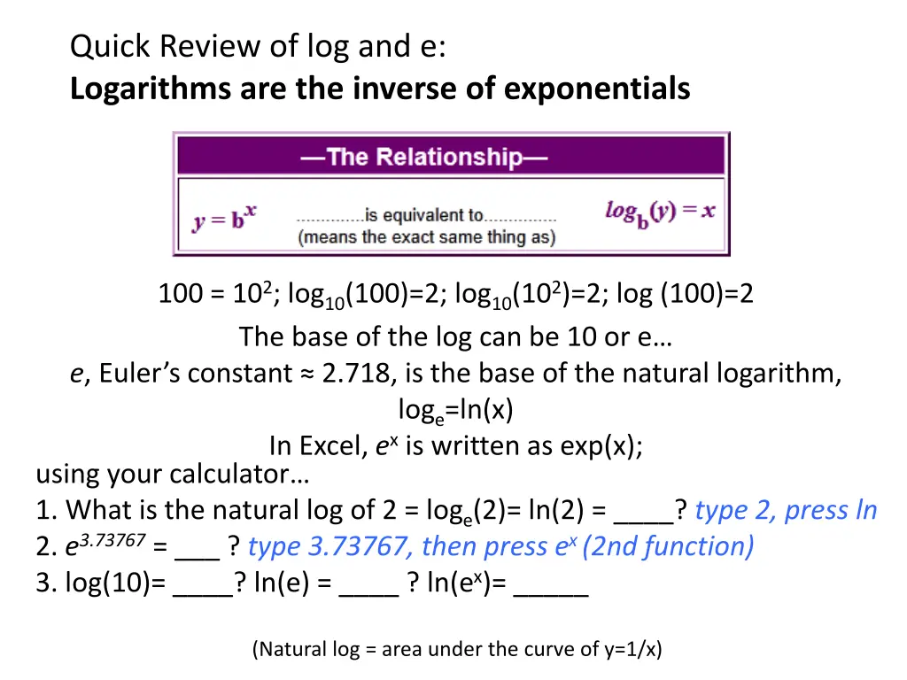 quick review of log and e logarithms