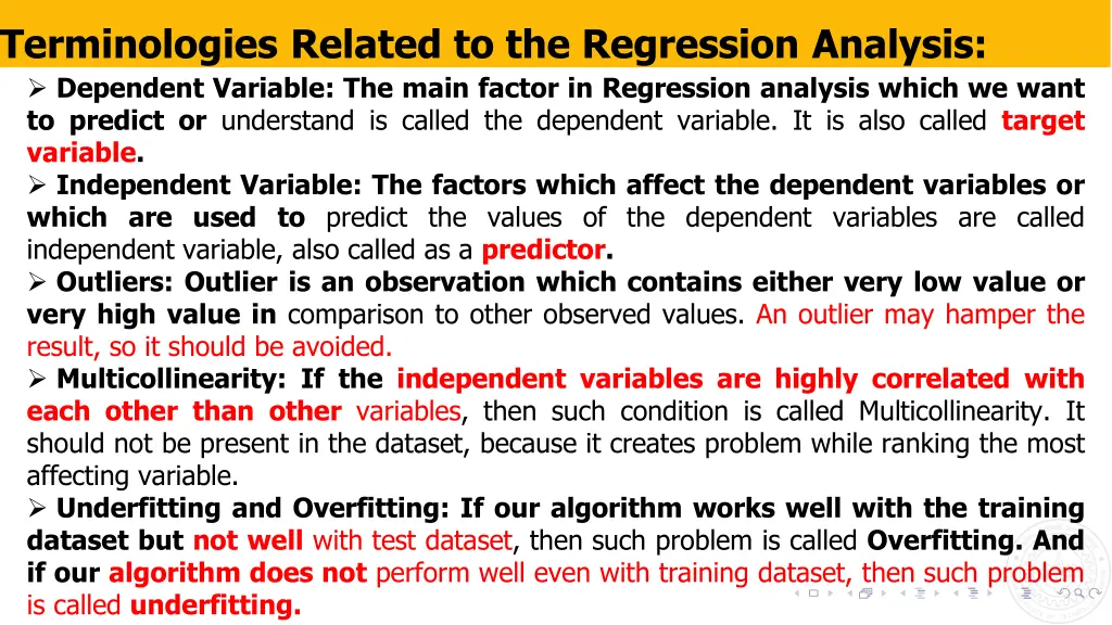 terminologies related to the regression analysis