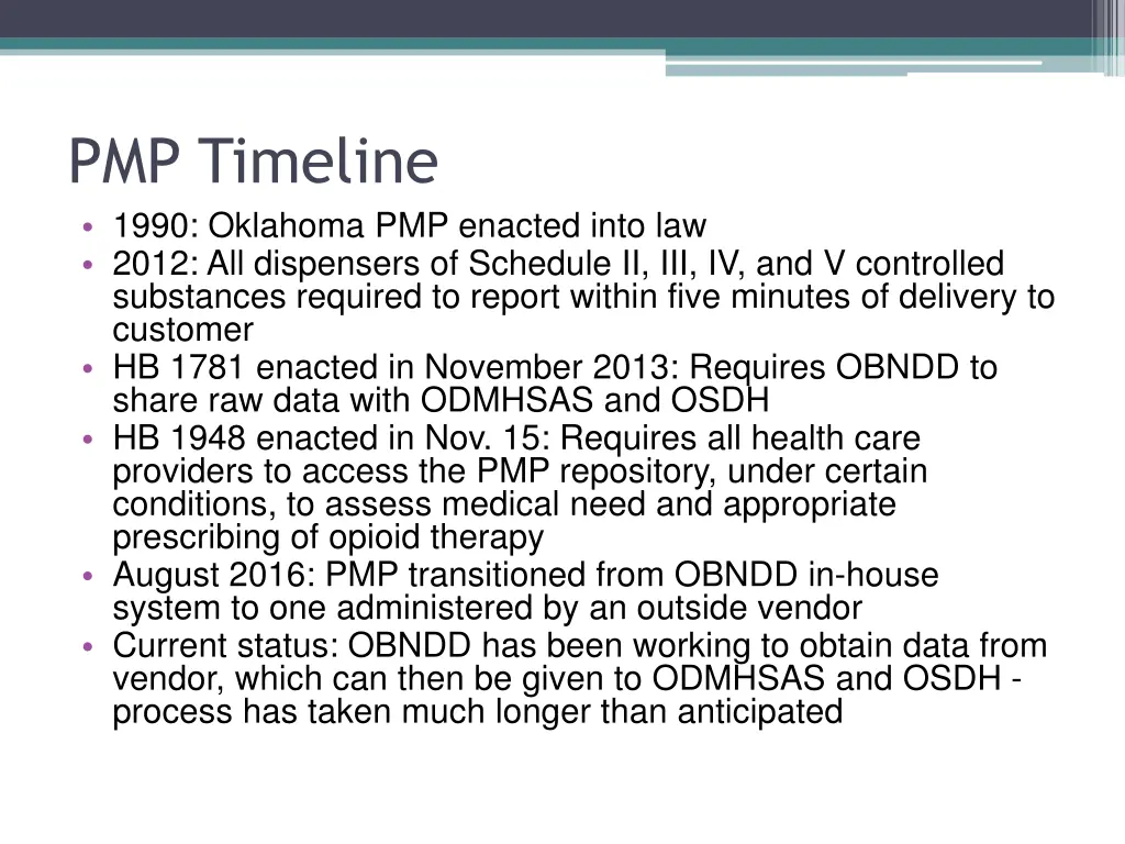 pmp timeline 1990 oklahoma pmp enacted into