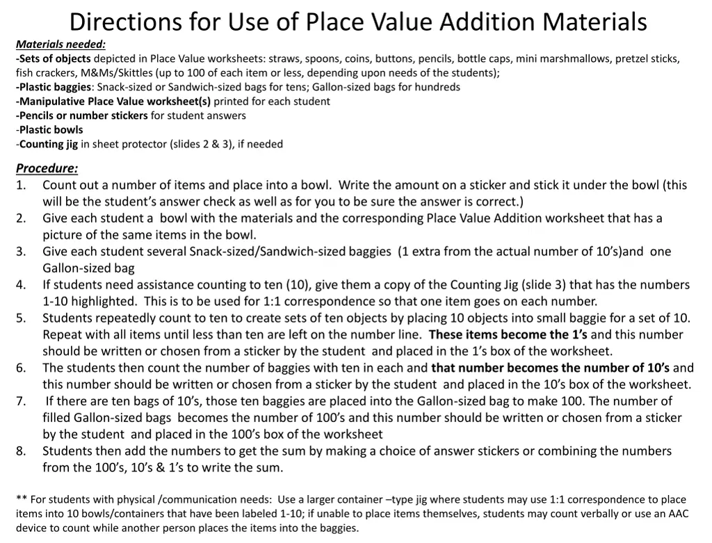 directions for use of place value addition