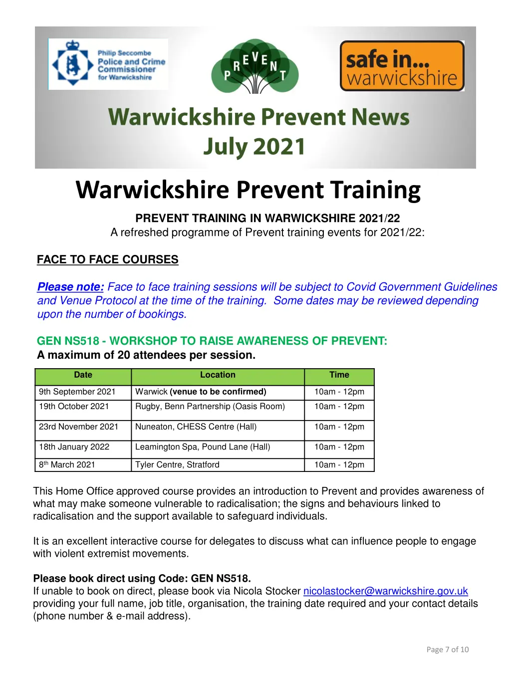 warwickshire prevent training