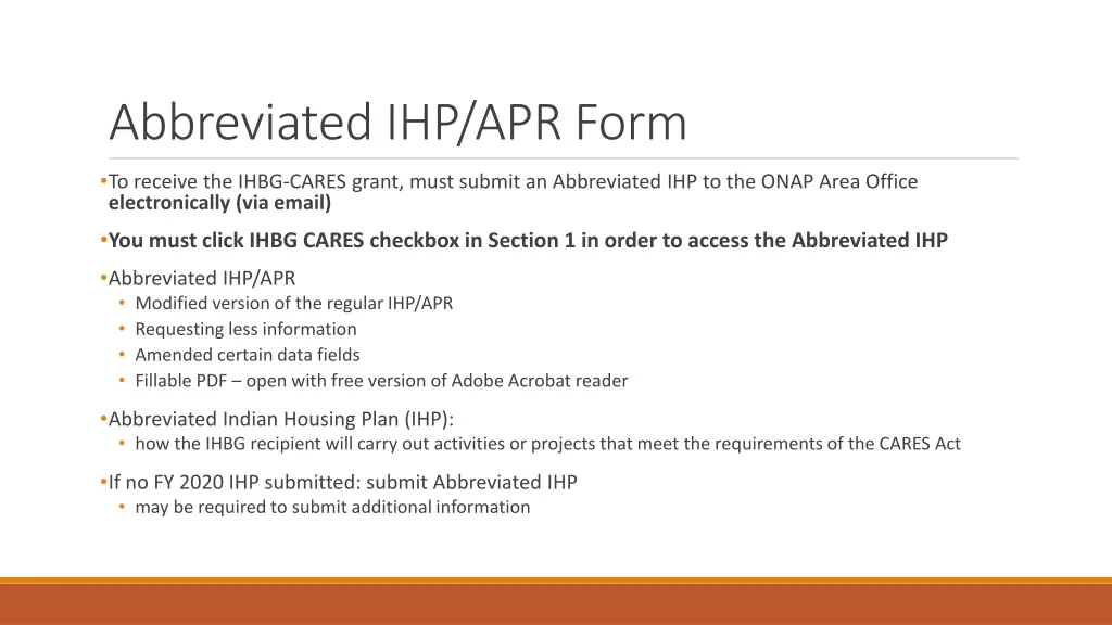 abbreviated ihp apr form