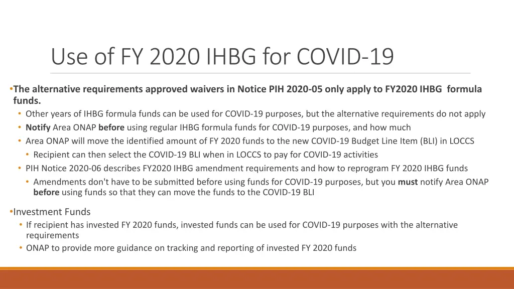 use of fy 2020 ihbg for covid 19