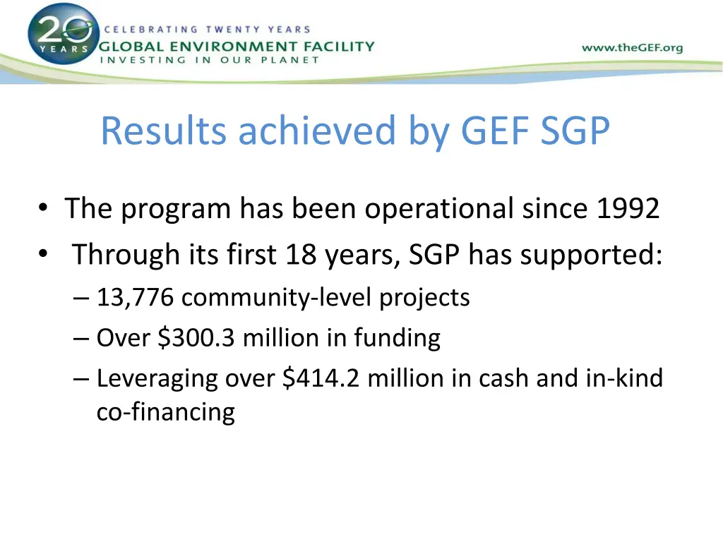 results achieved by gef sgp