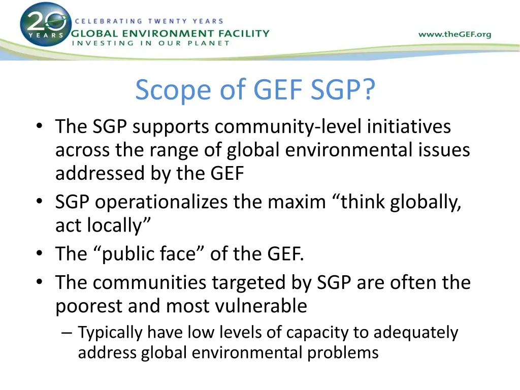 scope of gef sgp the sgp supports community level