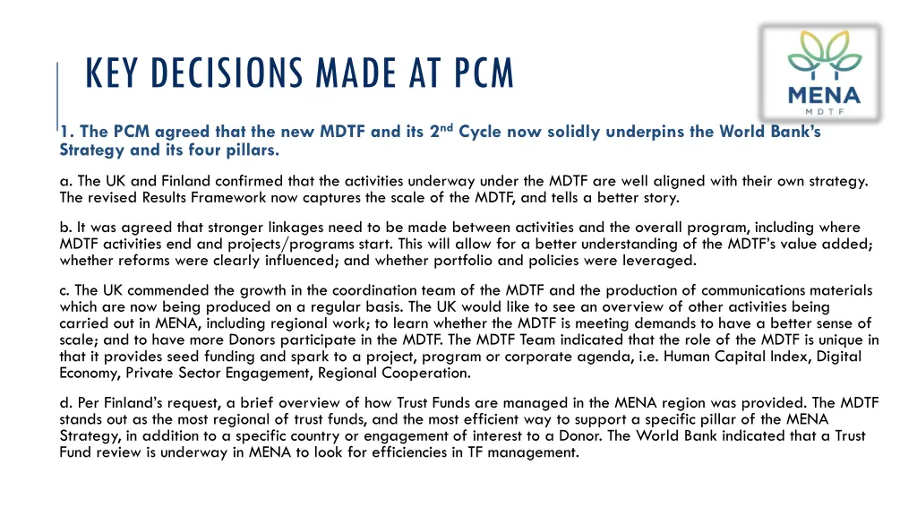 key decisions made at pcm