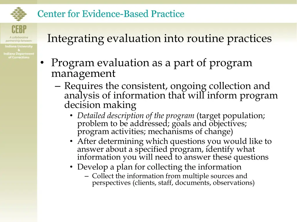 integrating evaluation into routine practices