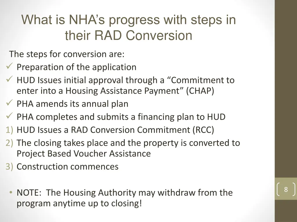 what is nha s progress with steps in their