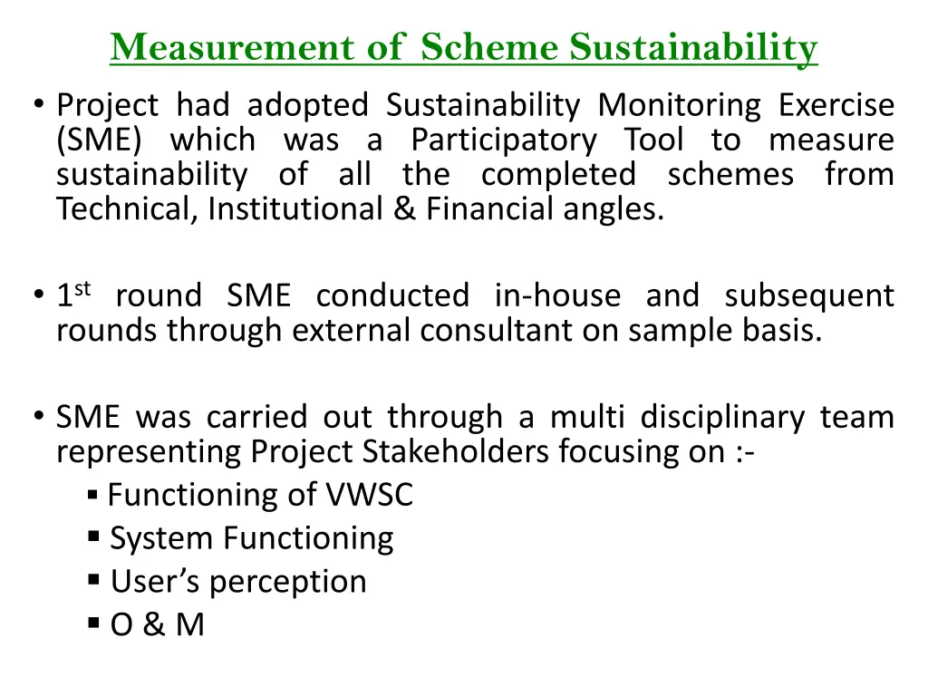 measurement of scheme sustainability project