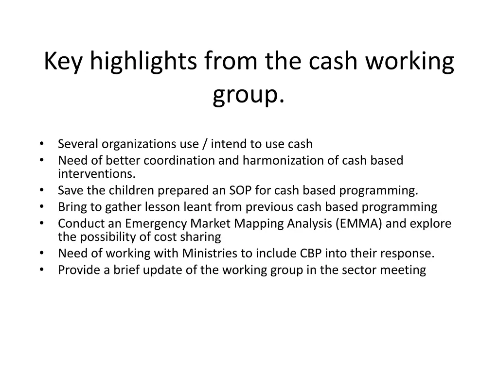 key highlights from the cash working group