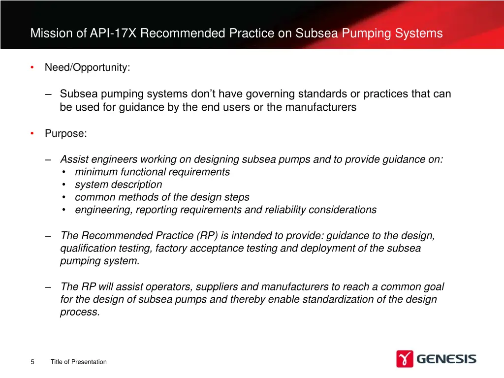 mission of api 17x recommended practice on subsea