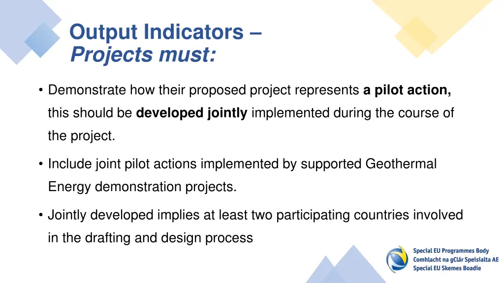 output indicators projects must