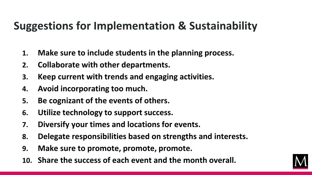 suggestions for implementation sustainability