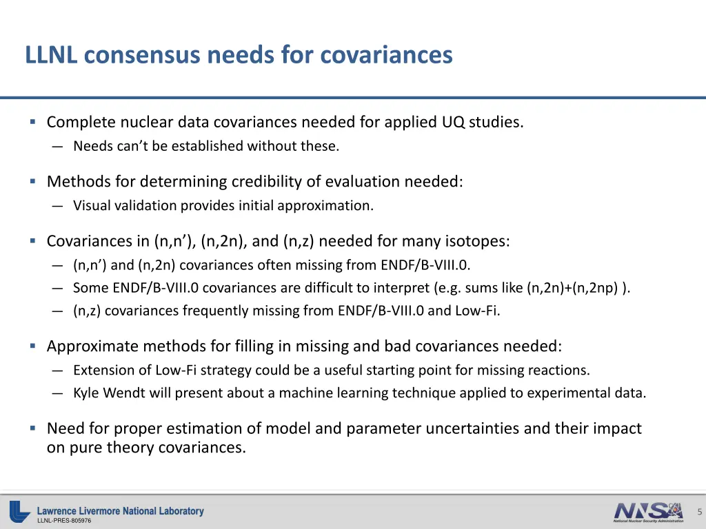 llnl consensus needs for covariances