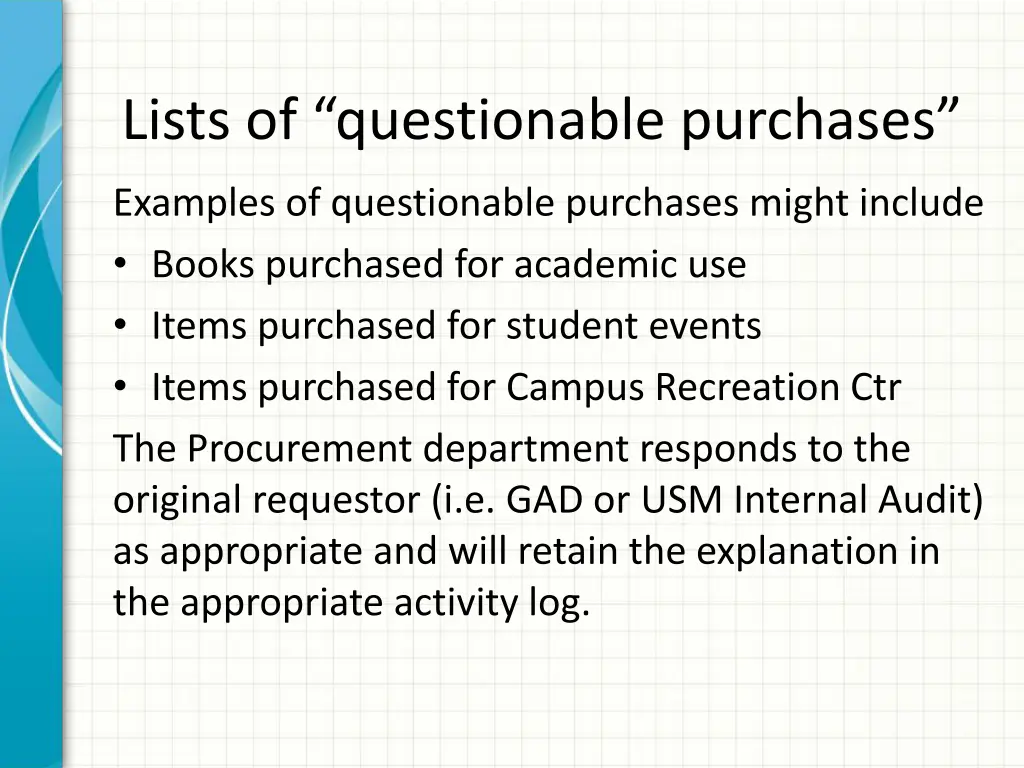 lists of questionable purchases 1