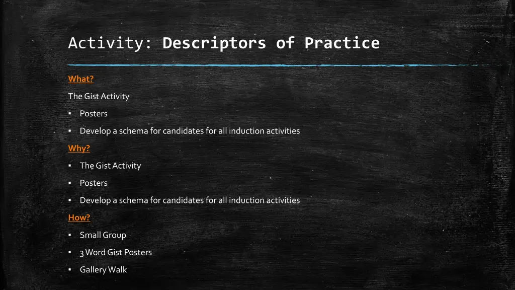 activity descriptors of practice