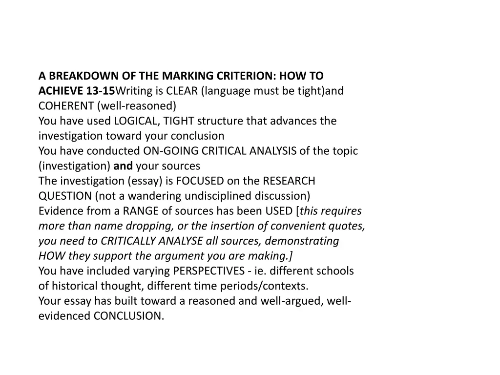 a breakdown of the marking criterion