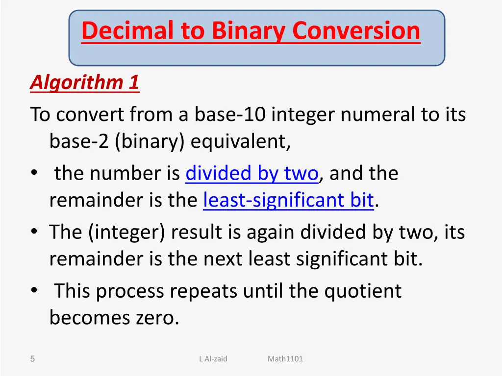 decimal to binary conversion