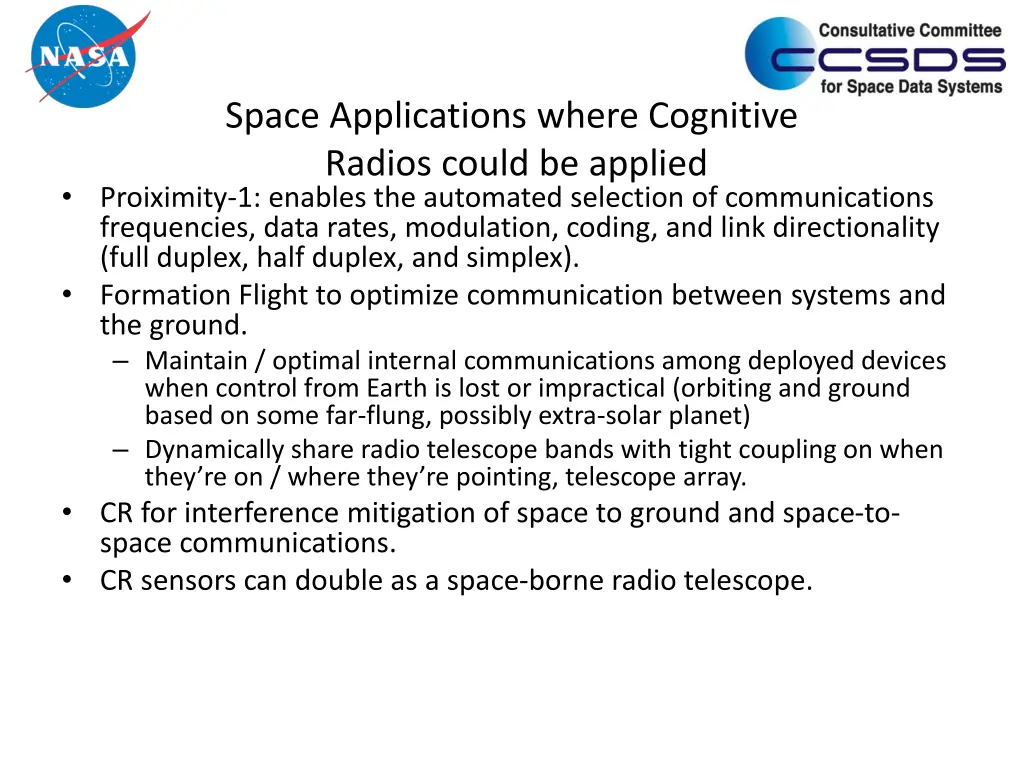 space applications where cognitive radios could