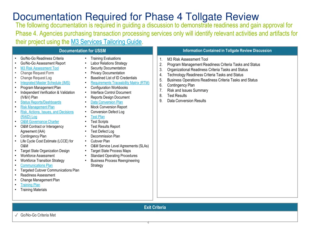 documentation required for phase 4 tollgate