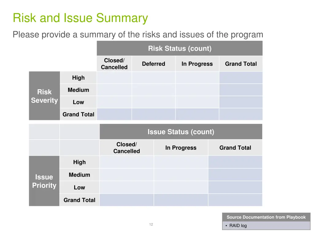 risk and issue summary