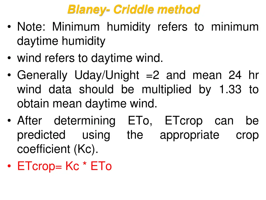 blaney criddle method note minimum humidity