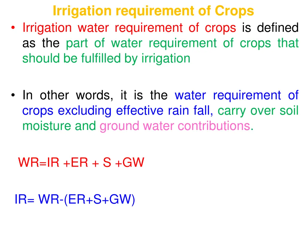 irrigation requirement of crops irrigation water