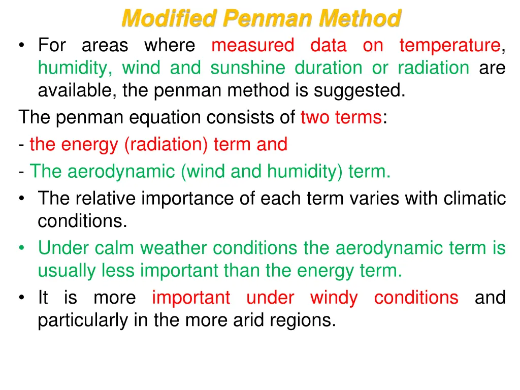 modified penman method for areas where measured