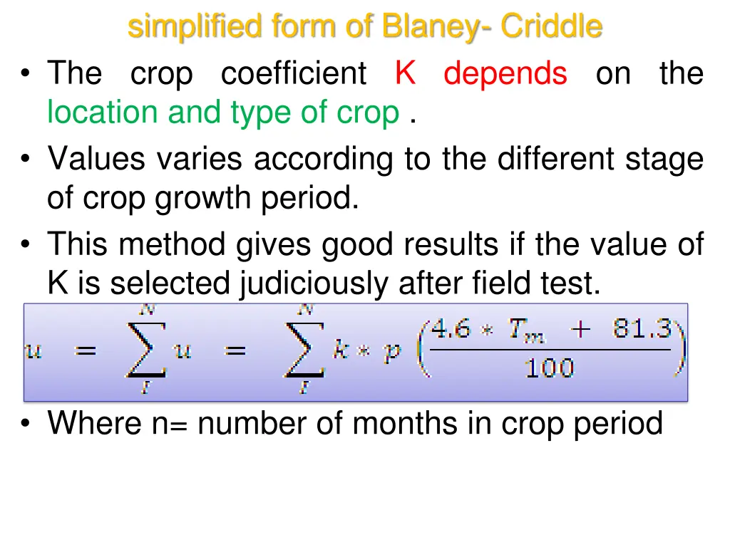 simplified form of blaney criddle the crop