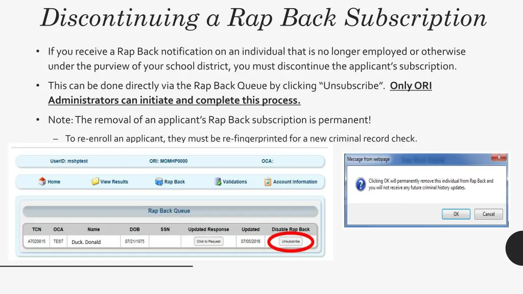 discontinuing a rap back subscription