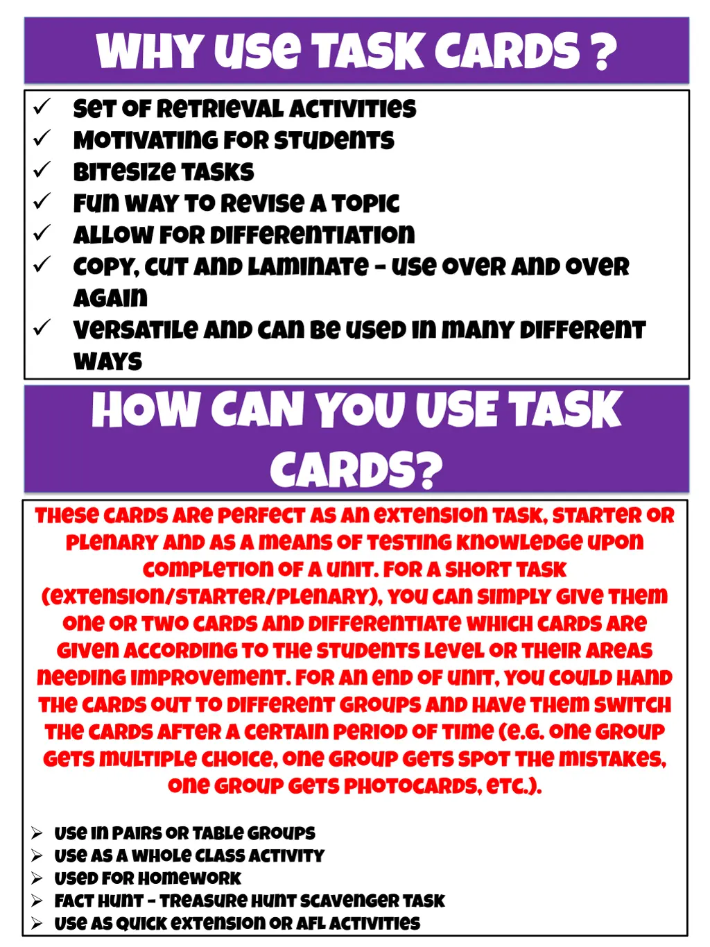 why use task cards set of retrieval activities