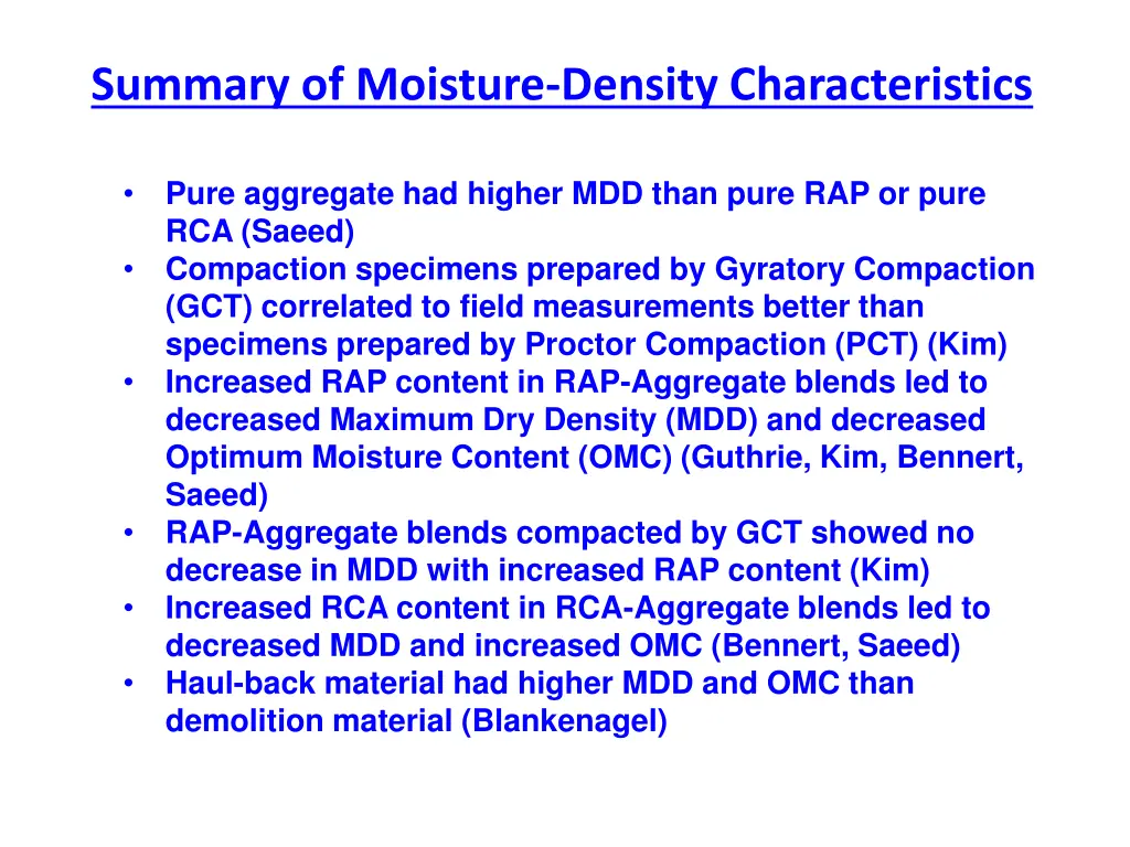 summary of moisture density characteristics