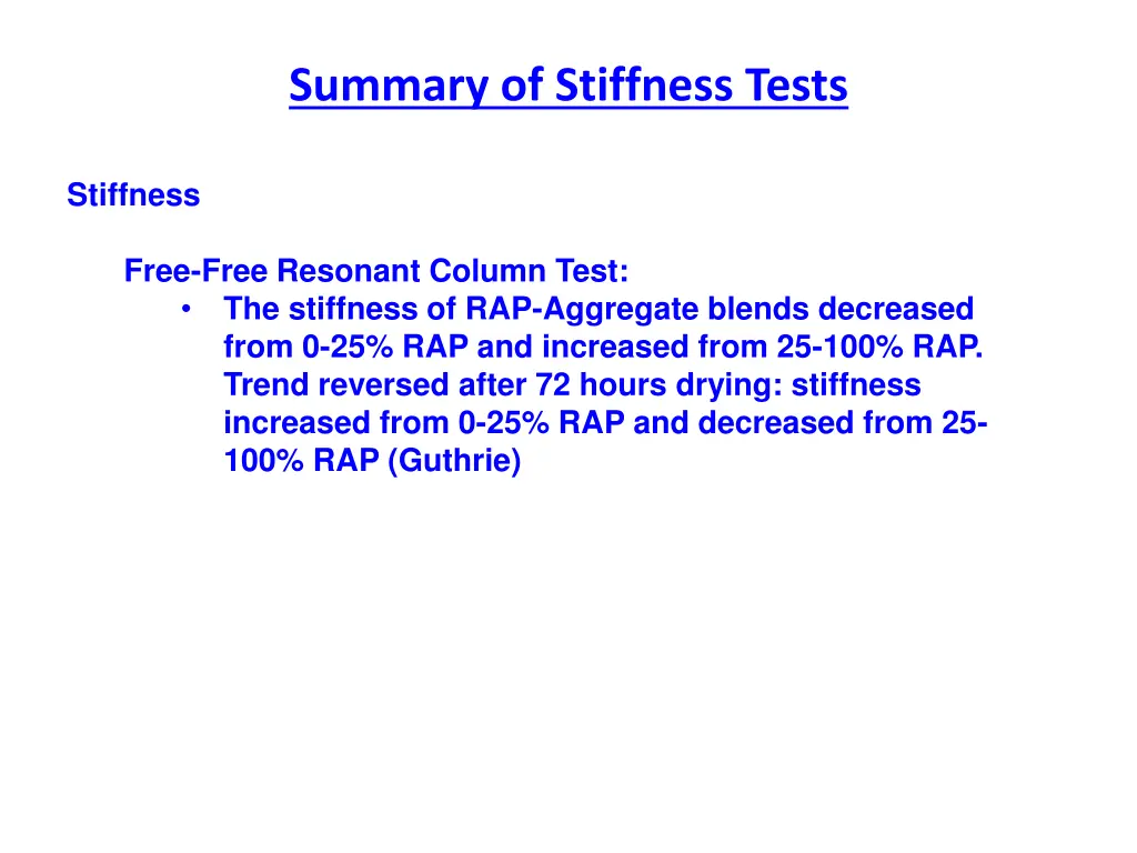 summary of stiffness tests 1