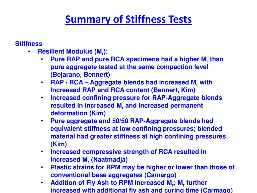 summary of stiffness tests