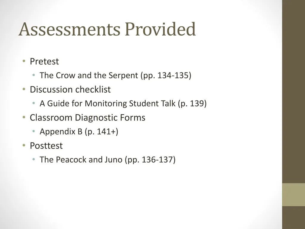 assessments provided