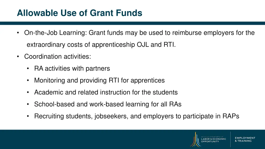 allowable use of grant funds