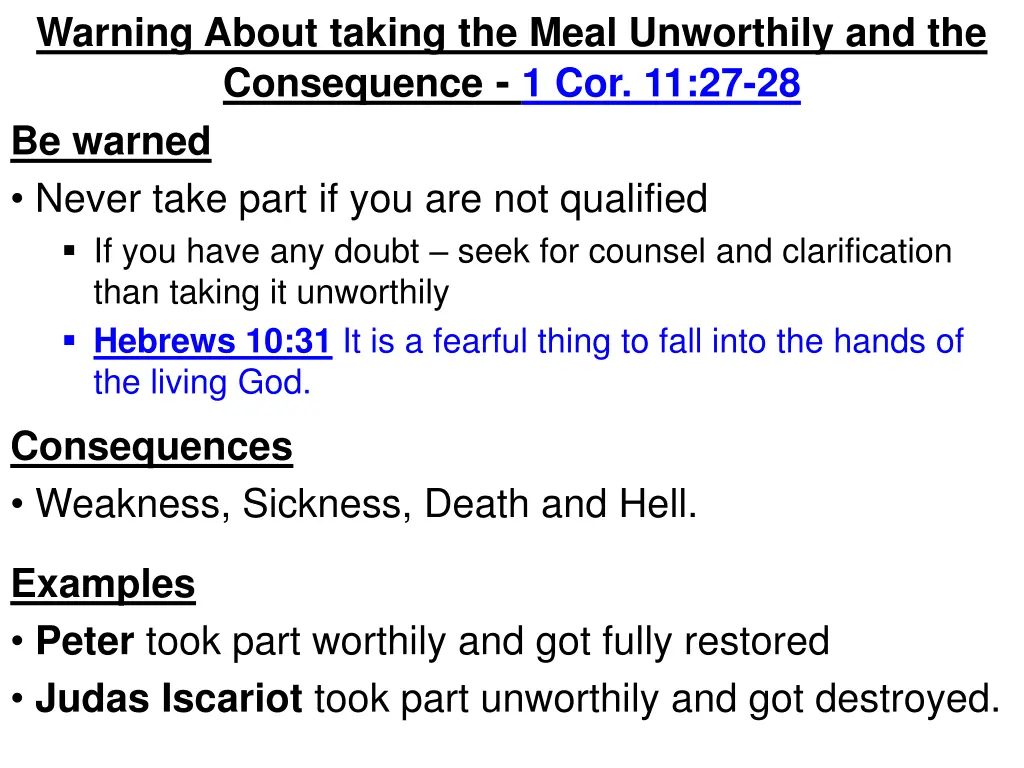 warning about taking the meal unworthily