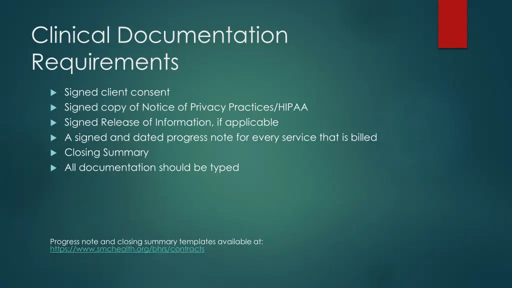 clinical documentation requirements