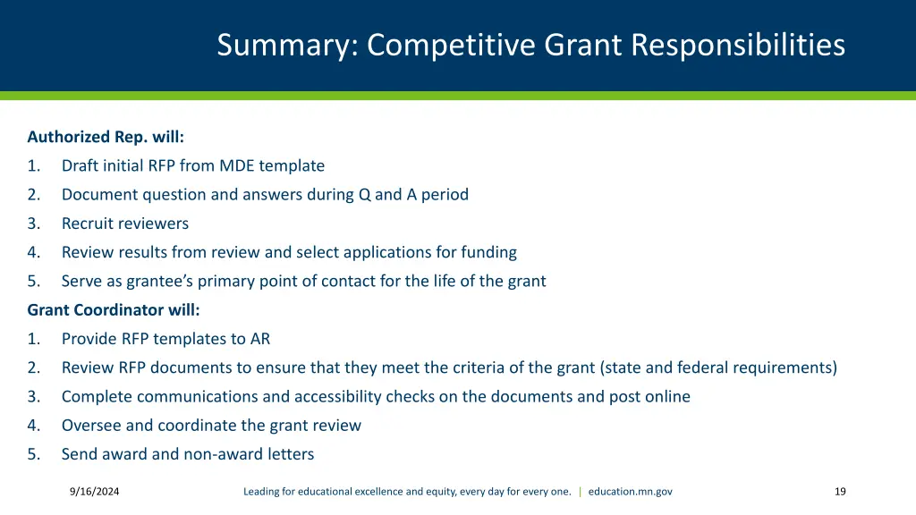 summary competitive grant responsibilities